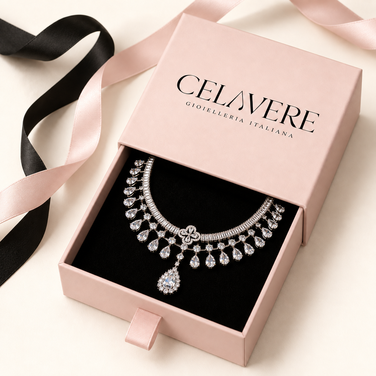 Collana con fiori di zirconi e ciondolo goccia d'acqua - elegante e raffinata